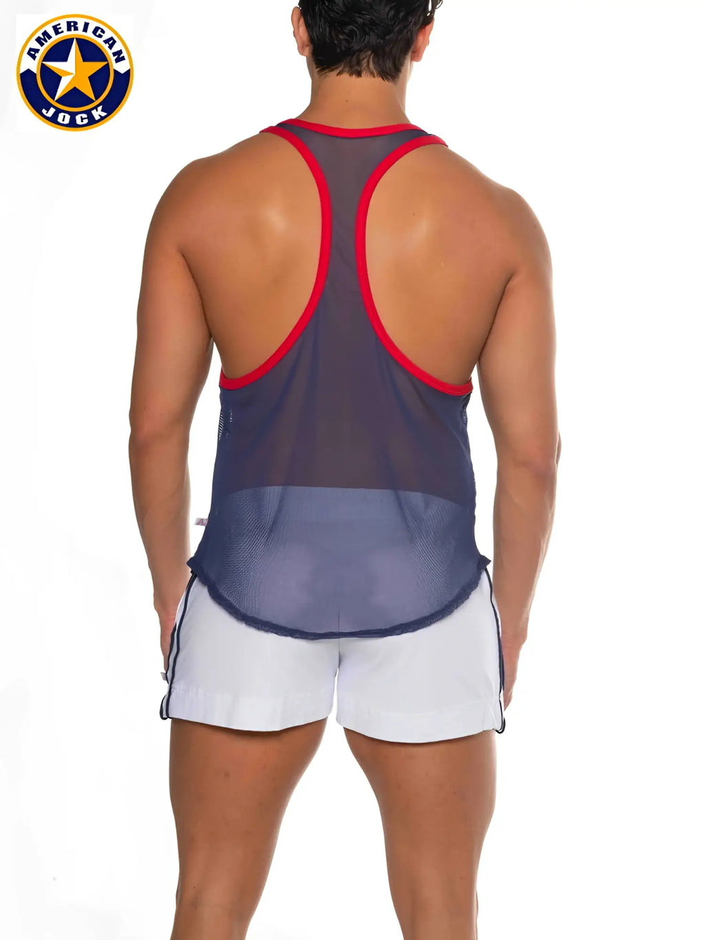 Back view of a j phys ed bodybuilder tank in navy blue and red with sheer mesh back and bold red trim