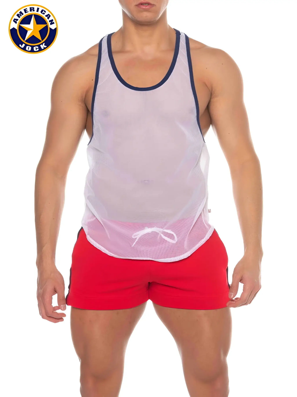 A j phys ed bodybuilder tank is a white mesh men’s tank top with navy blue trim and drawstring hem by american jock