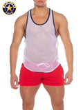 A j phys ed bodybuilder tank is a white mesh men’s tank top with navy blue trim and drawstring hem by american jock