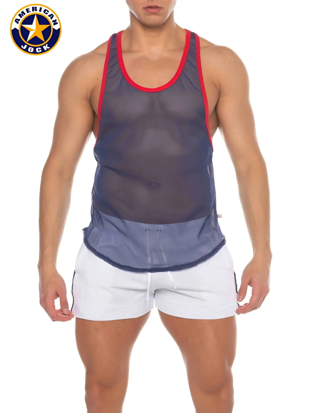 A j phys ed bodybuilder tank navy blue mesh tank top with red trim from american jock brand