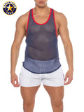 A j phys ed bodybuilder tank navy blue mesh tank top with red trim from american jock brand