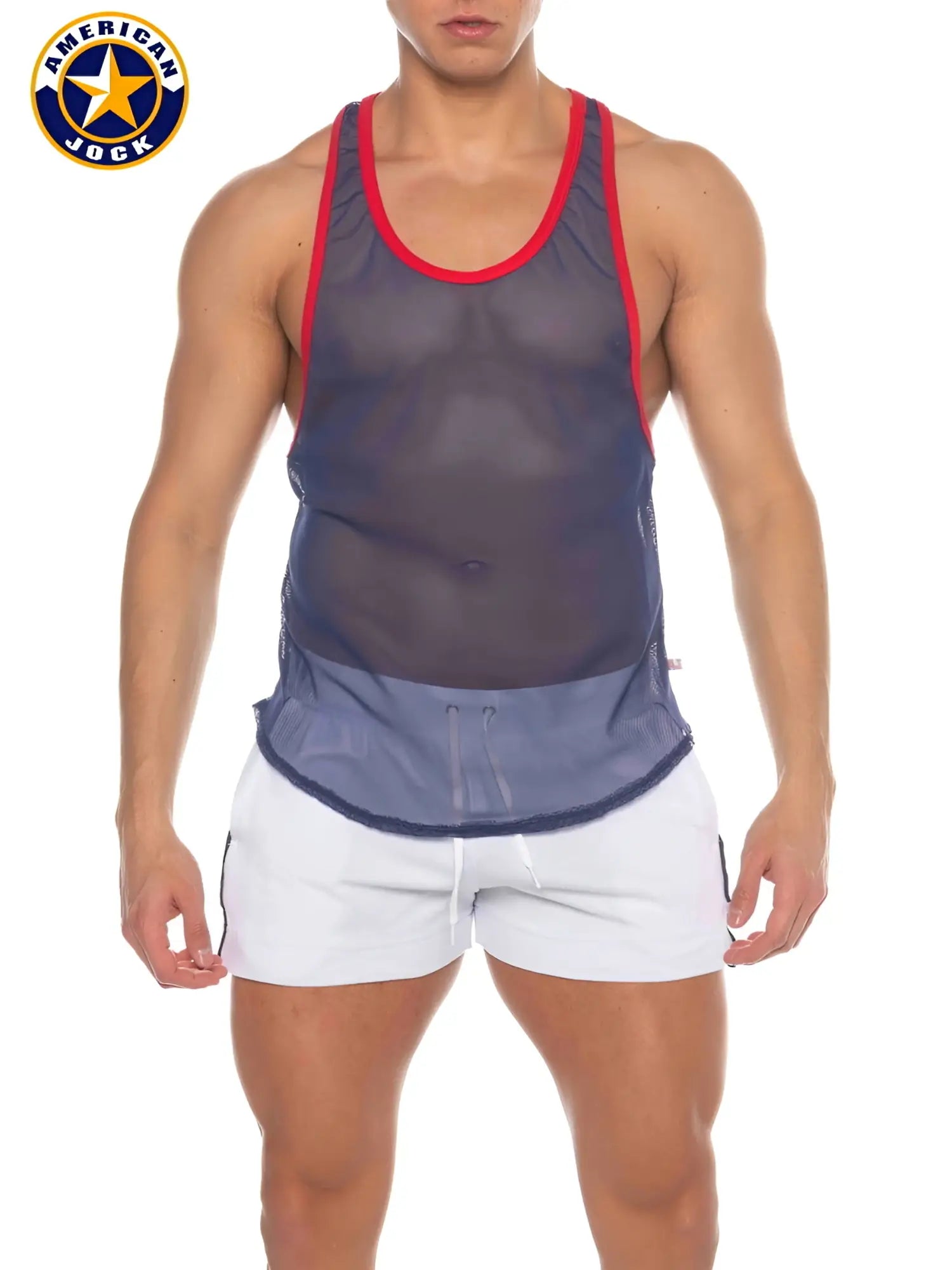 A j phys ed bodybuilder tank navy blue mesh tank top with red trim from american jock brand