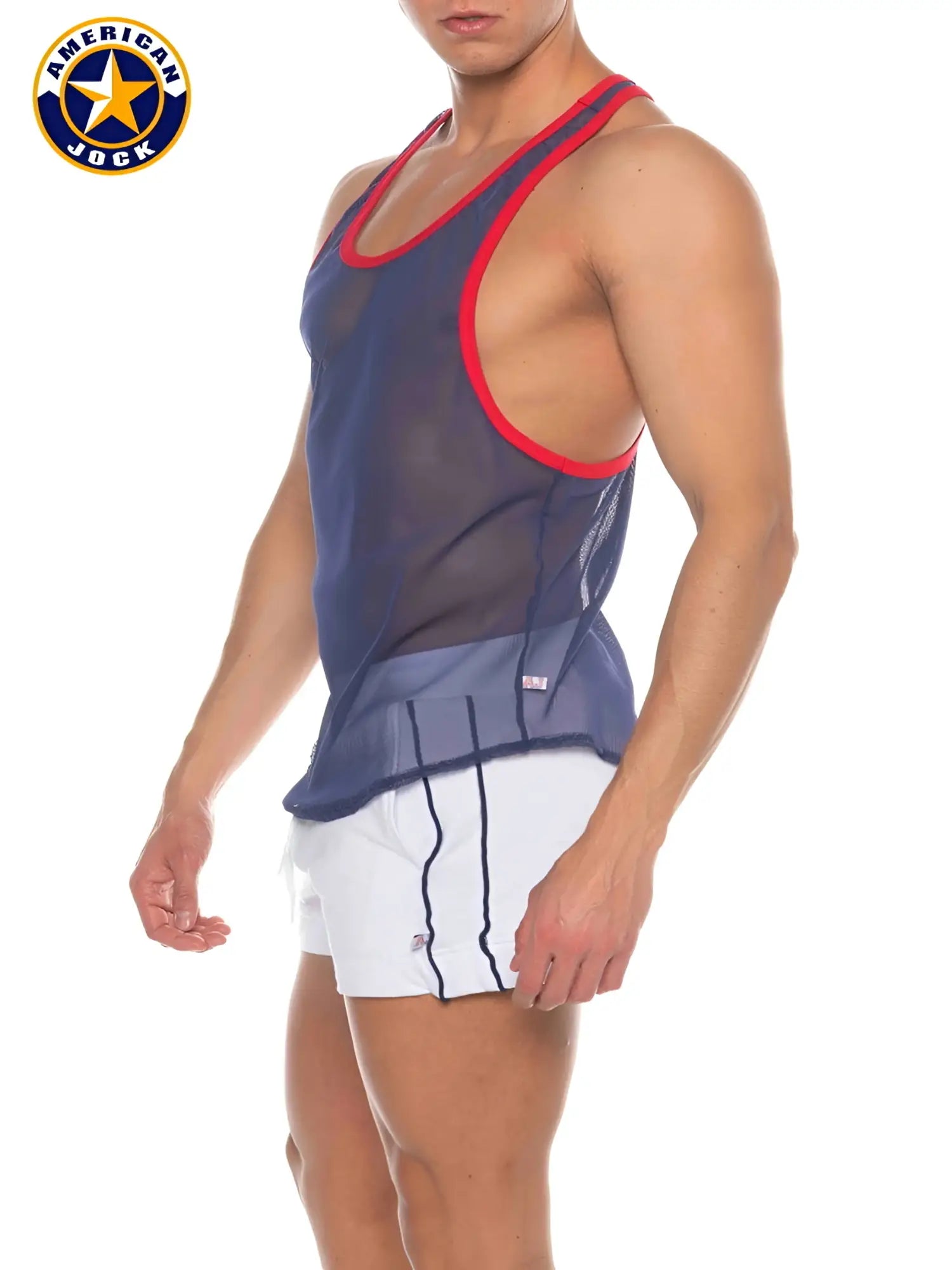 A j phys ed bodybuilder tank is an american jock navy mesh tank top with red trim for athletic wear