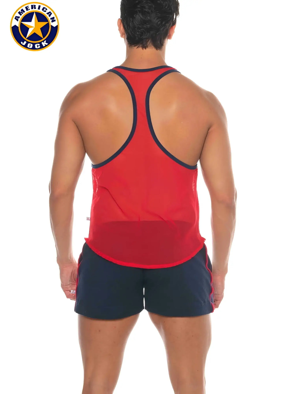 A j phys ed bodybuilder tank red american jock tank top with navy blue trim and mesh paneling for athletic wear