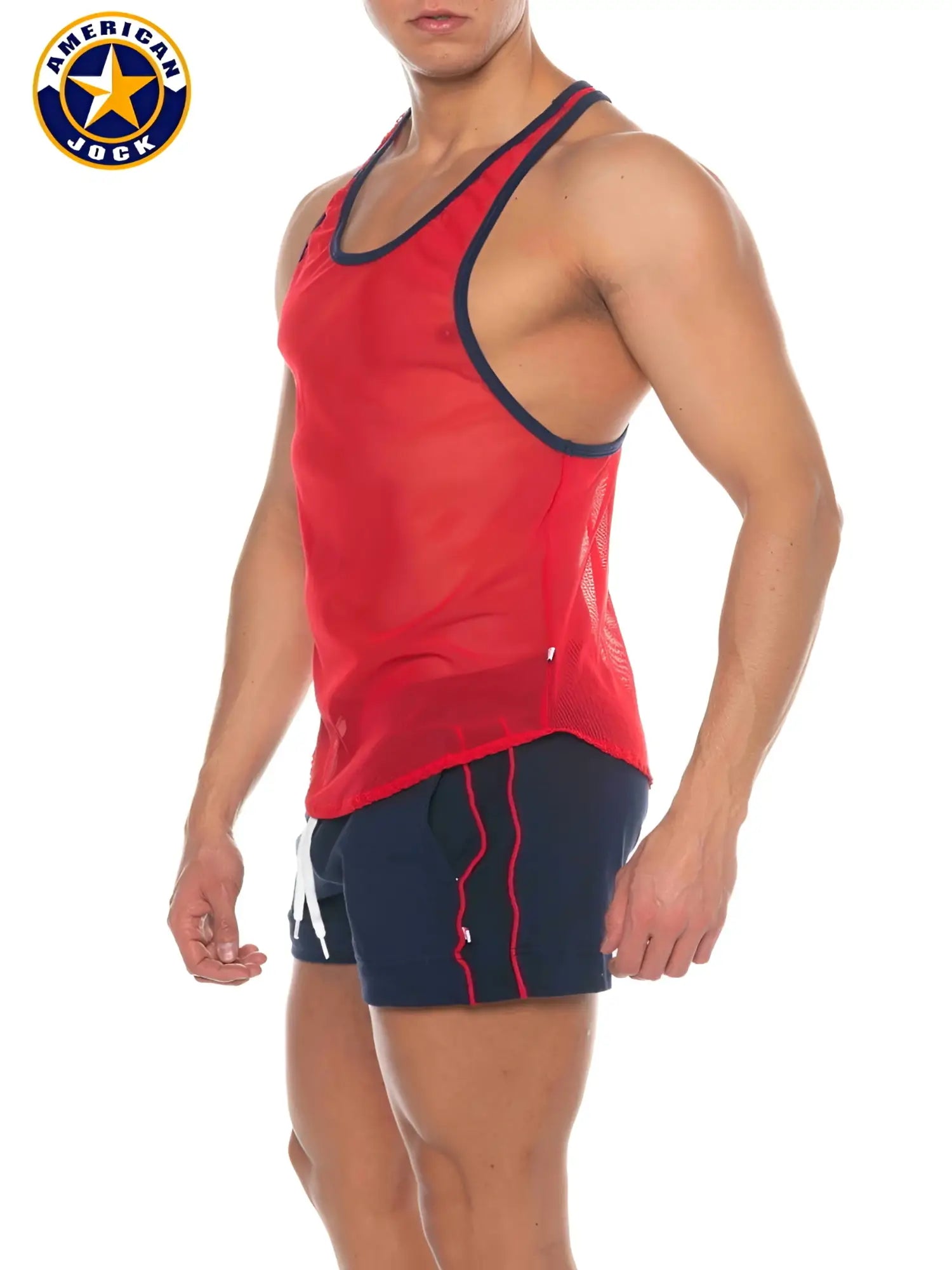A j phys ed bodybuilder tank red american jock tank top with navy blue trim and mesh panels for athletic wear