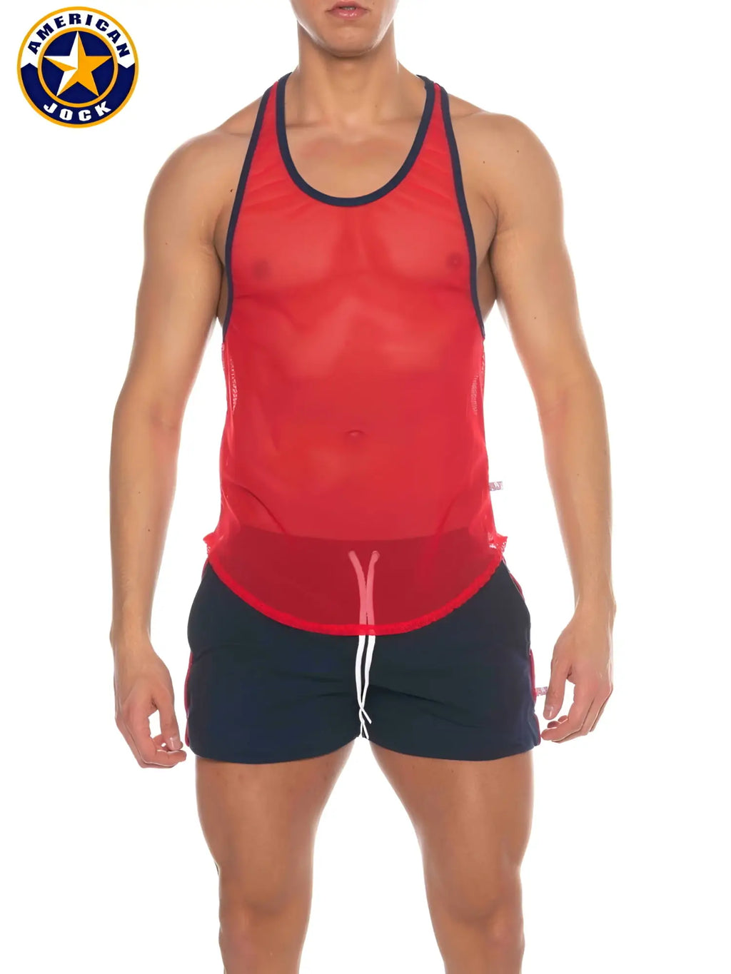 A j phys ed bodybuilder tank red mesh tank top with navy trim and white drawstring featuring american jock logo