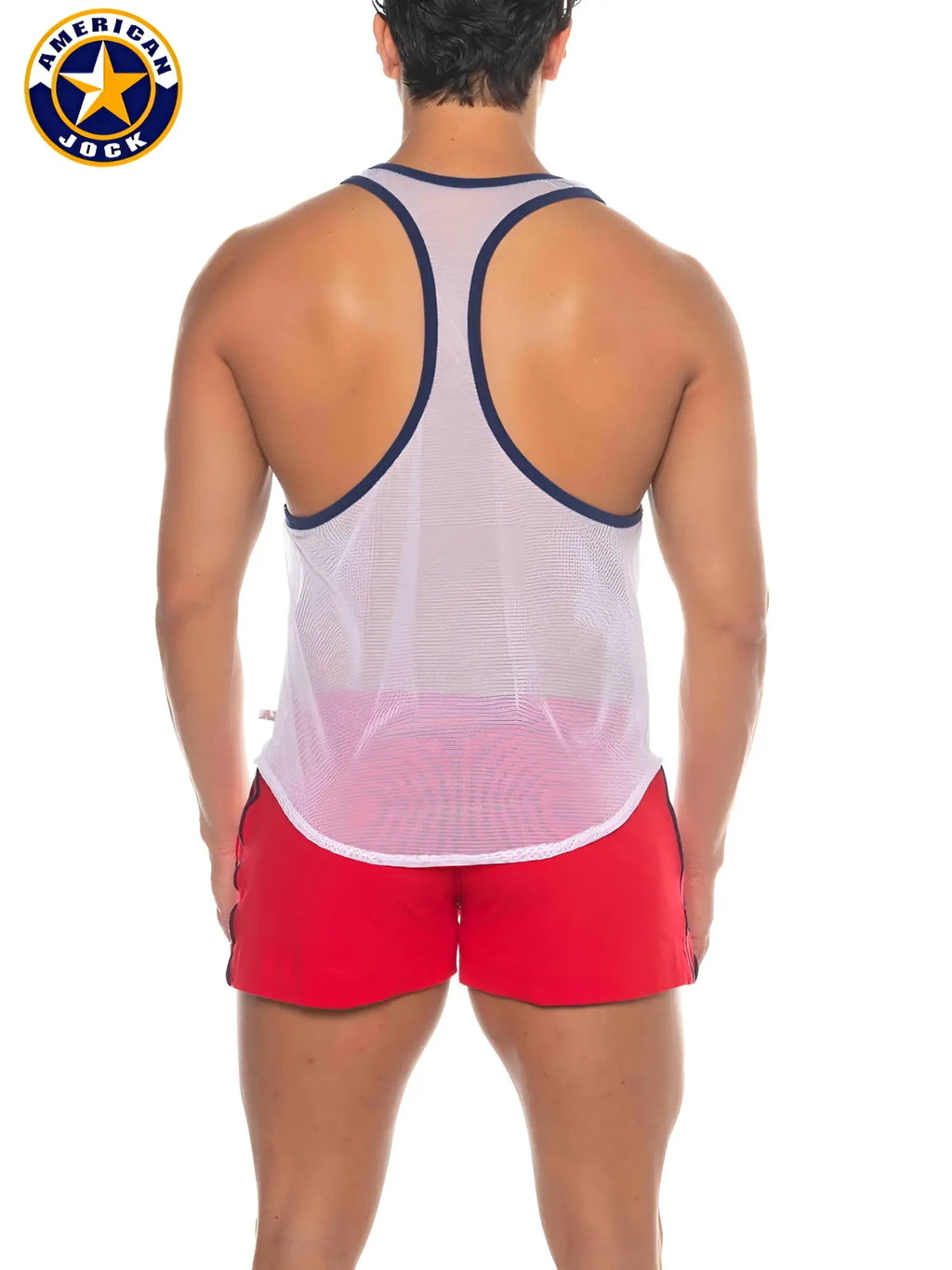 A j phys ed bodybuilder tank with white mesh, navy blue trim, pink gradient bottom, and american jock logo on shoulder