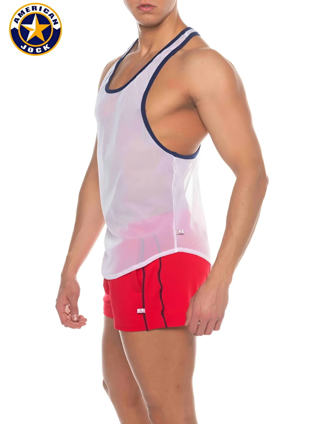 A white mesh aj phys ed bodybuilder tank with navy blue trim racerback design featuring american jock logo