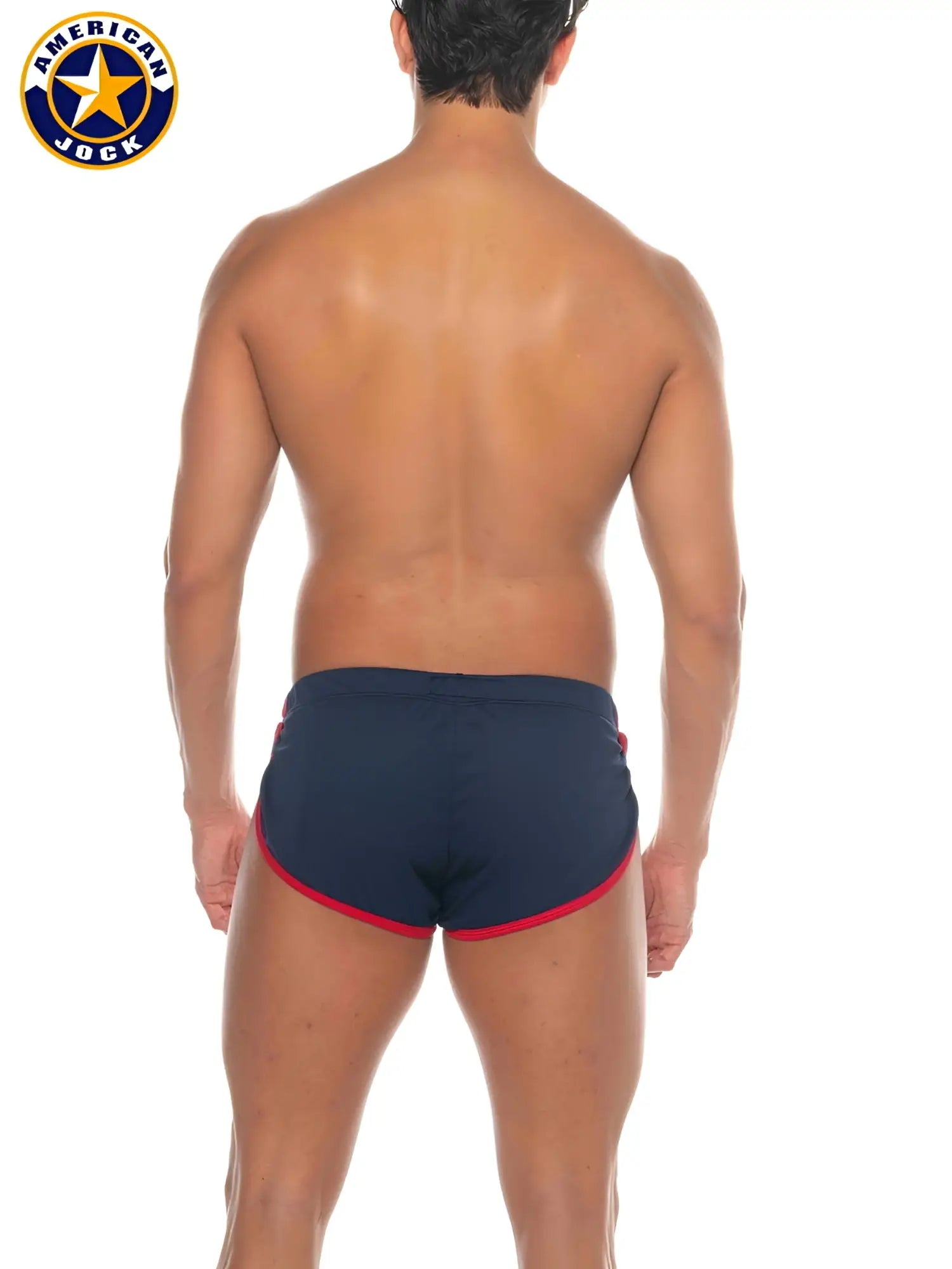 Navy blue american jock swim trunks with red trim from a j phys ed cool down short collection for athletic use