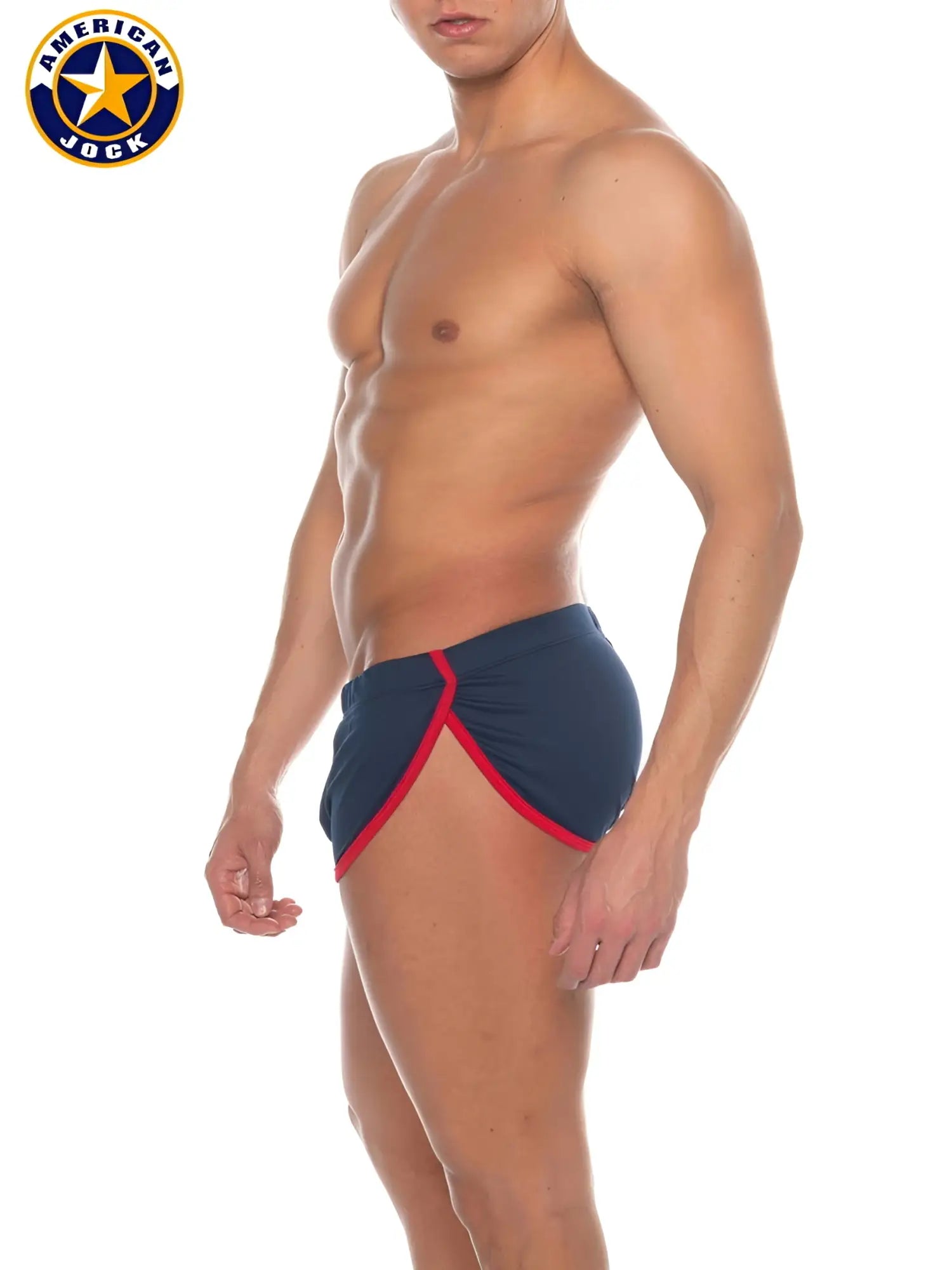Navy blue american jock swim trunks with red trim for cool down in lightweight quick-dry fabric