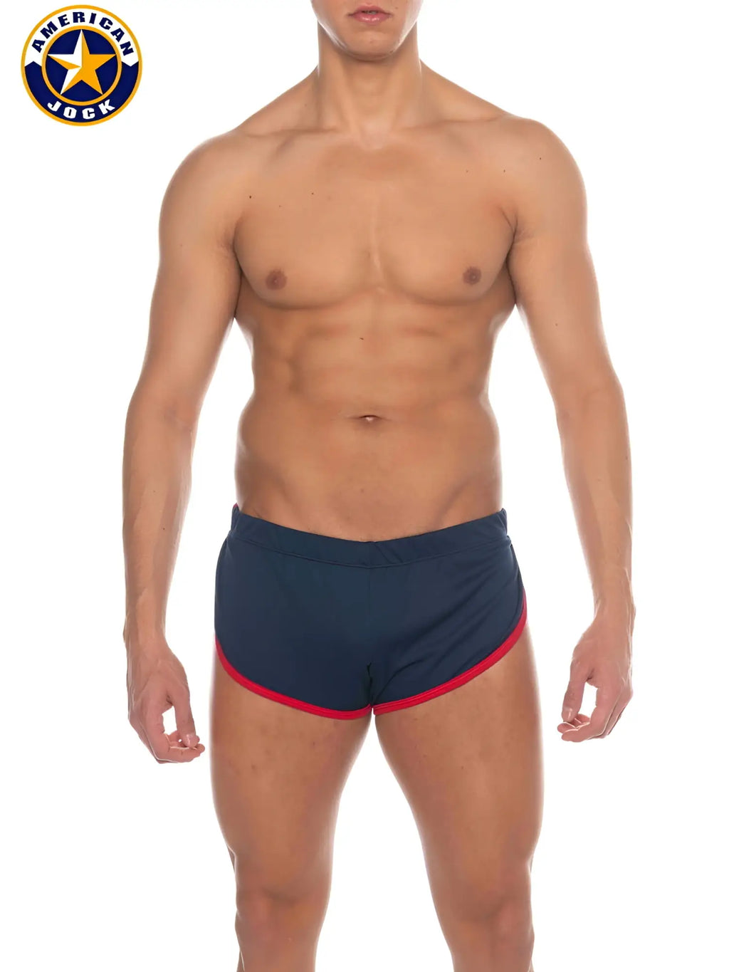 Navy blue american jock swim trunks with red trim designed for cool down and physical education activities