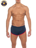 Navy blue american jock swim trunks with red trim designed for cool down and physical education activities