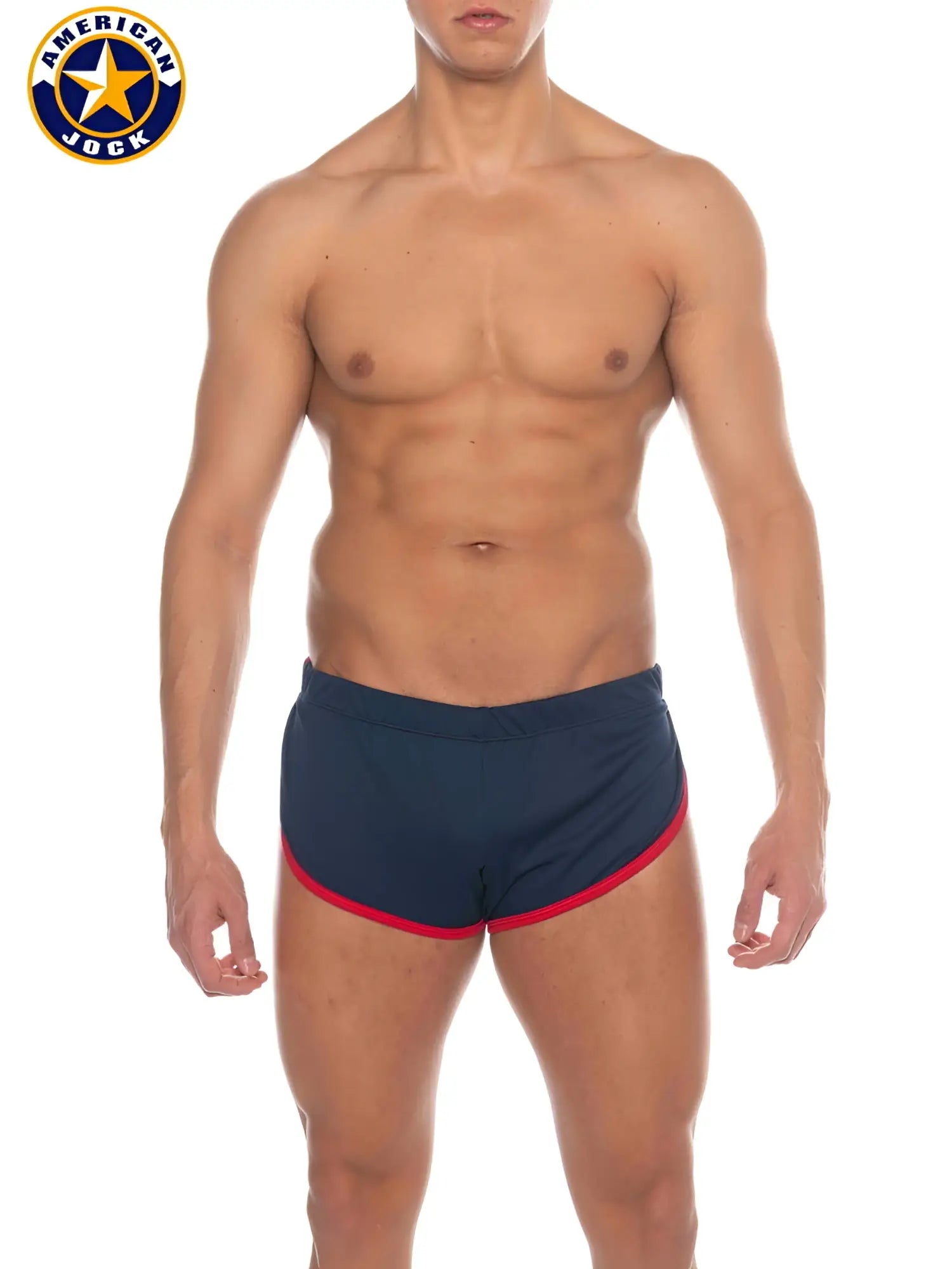 Navy blue american jock swim trunks with red trim designed for cool down and physical education activities