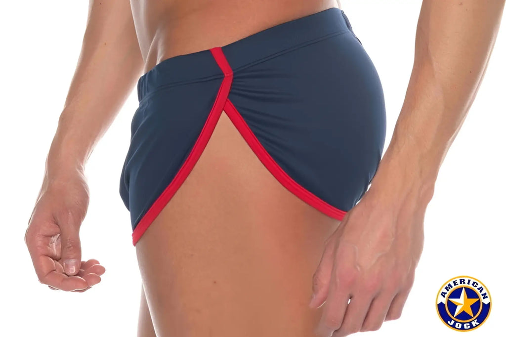 Navy blue and red a j phys ed cool down shorts with v-shaped seam design ideal for athletic and casual wear