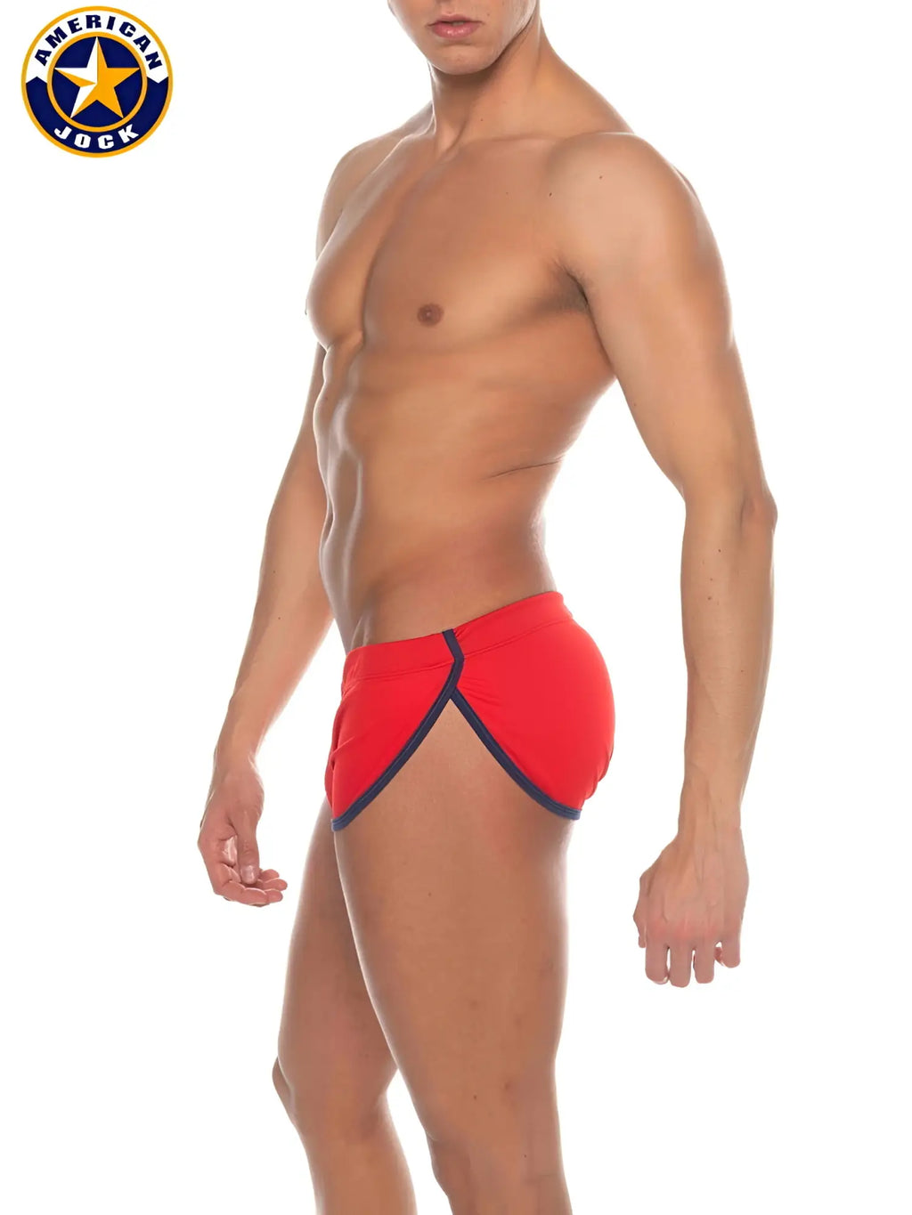 Red american jock swim trunks with navy blue trim from a j phys ed cool down short collection