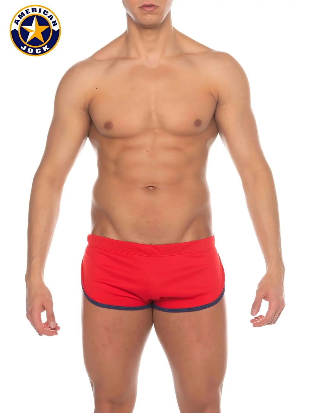 Red american jock swim trunks with navy blue trim designed as a J Phys Ed cool down short