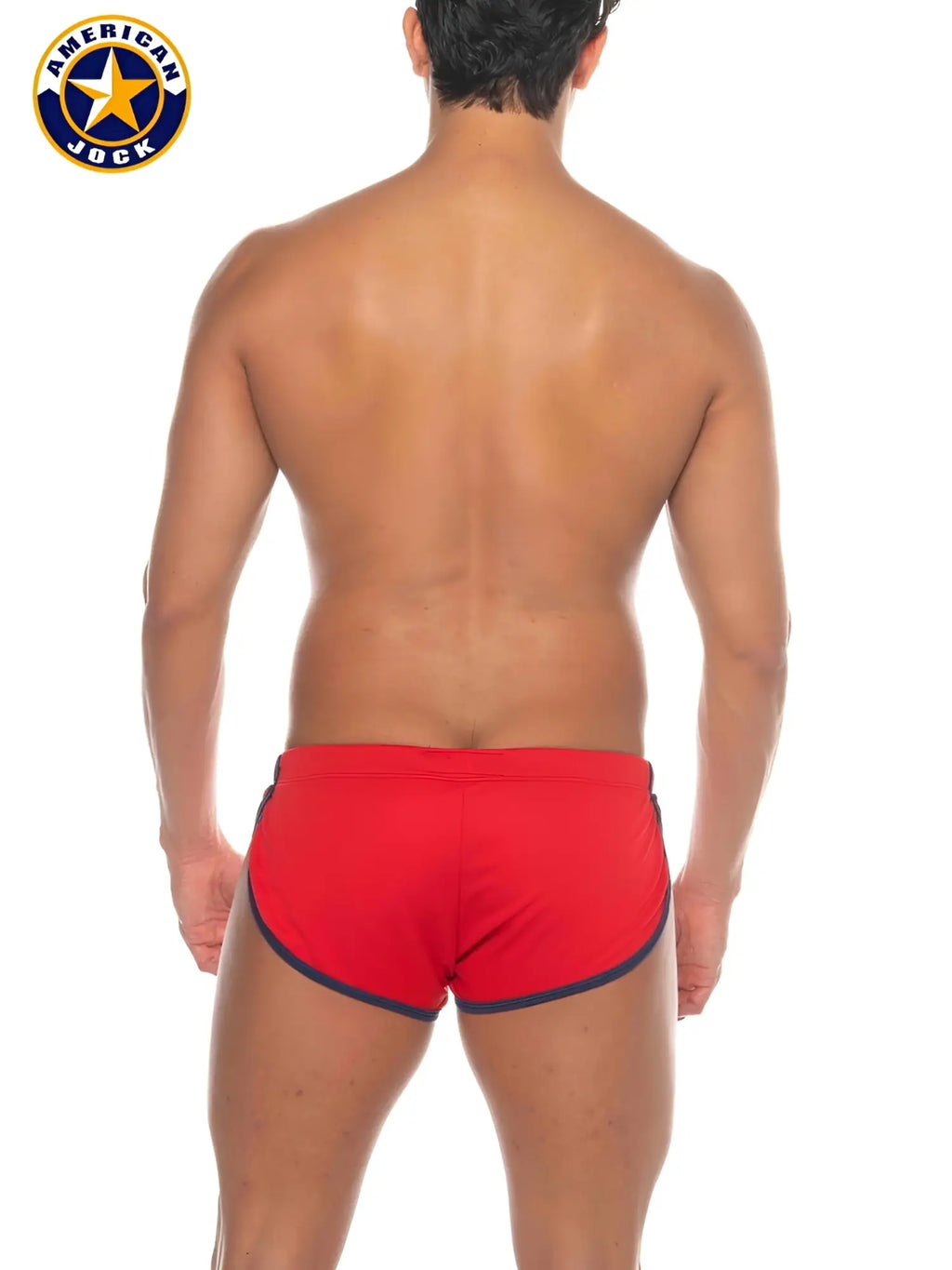 Red american jock swim trunks with navy blue trim designed as aj phys ed cool down shorts for active wear