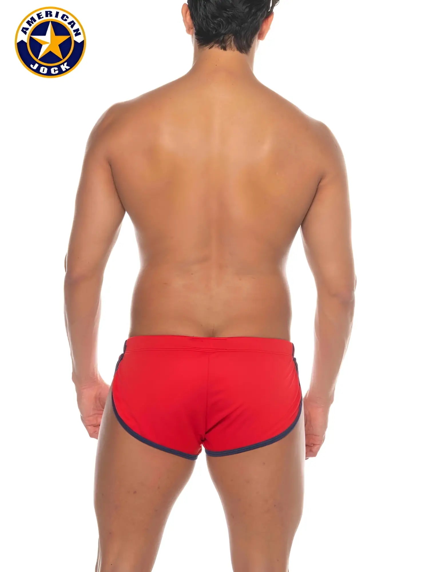 Red american jock swim trunks with navy blue trim designed as aj phys ed cool down shorts for active wear