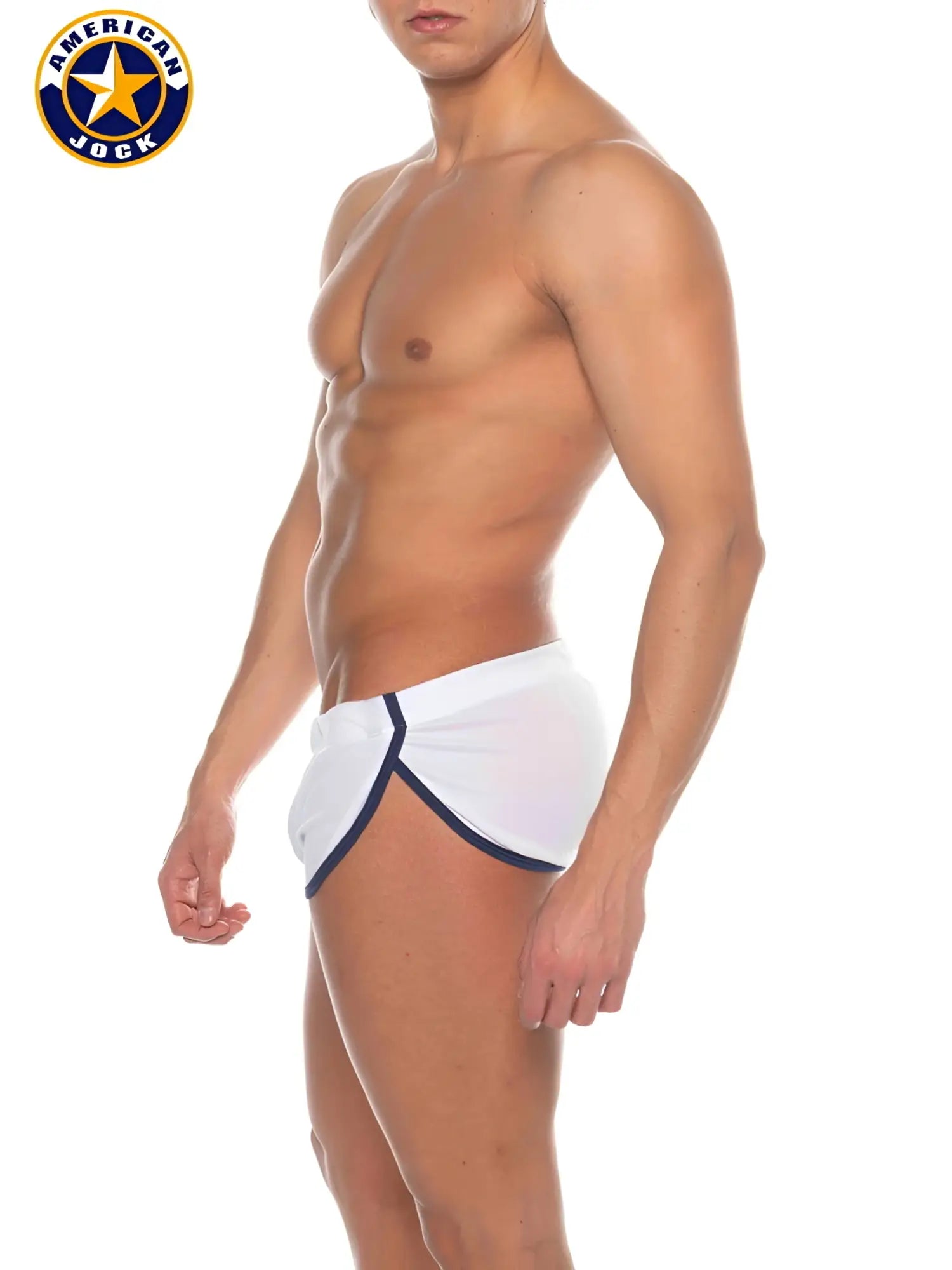 White american jock swim trunks with navy blue trim by a j phys ed cool down short for athletic swimwear use