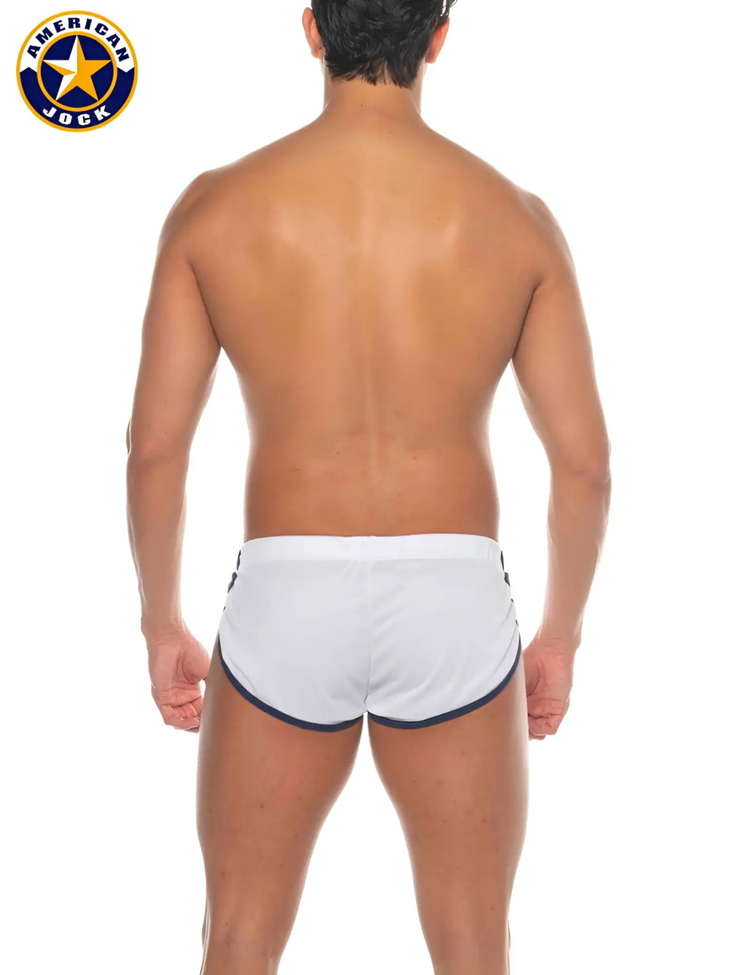 White American jock swim trunks with navy blue trim designed as A J Phys Ed Cool Down short for athletic use