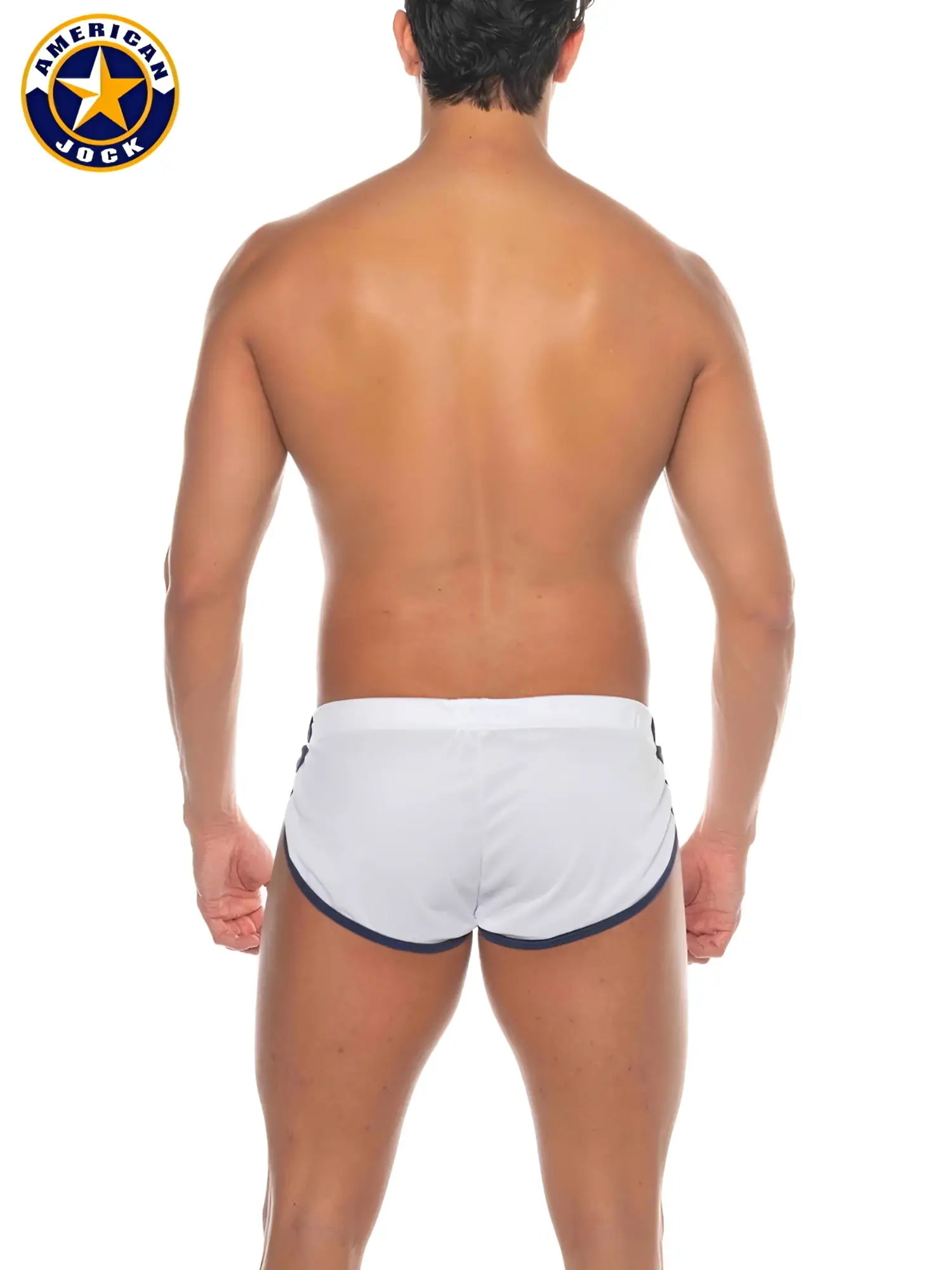 White American jock swim trunks with navy blue trim designed as A J Phys Ed Cool Down short for athletic use