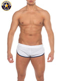White american jock swim trunks with navy blue trim from A J Phys Ed Cool Down Short collection