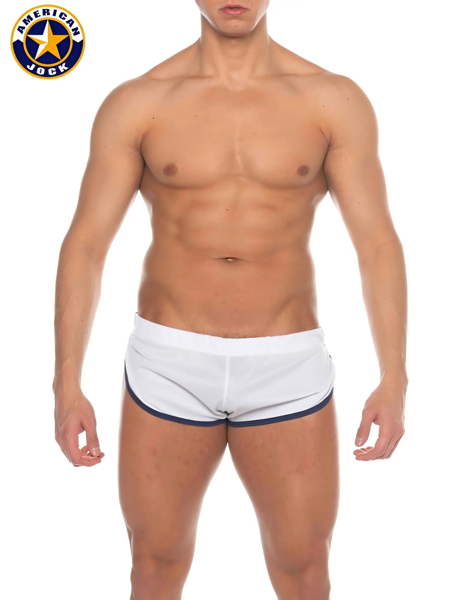 White american jock swim trunks with navy blue trim from A J Phys Ed Cool Down Short collection