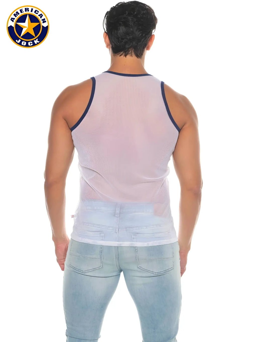A j phys ed mesh tank top in light pink mesh with navy blue trim for men by american jock brand