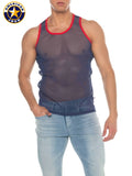 A j phys ed mesh tank top in navy blue mesh with red trim from american jock