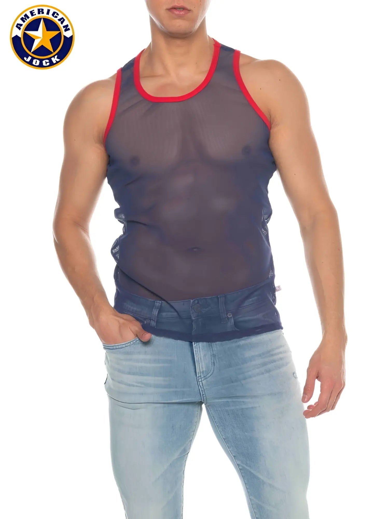 A j phys ed mesh tank top in navy blue mesh with red trim from american jock
