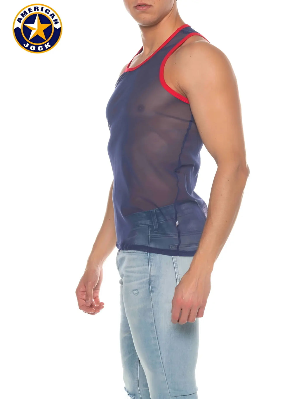 A j phys ed mesh tank top in navy blue sheer fabric with red trim designed as an american jock style sleeveless shirt