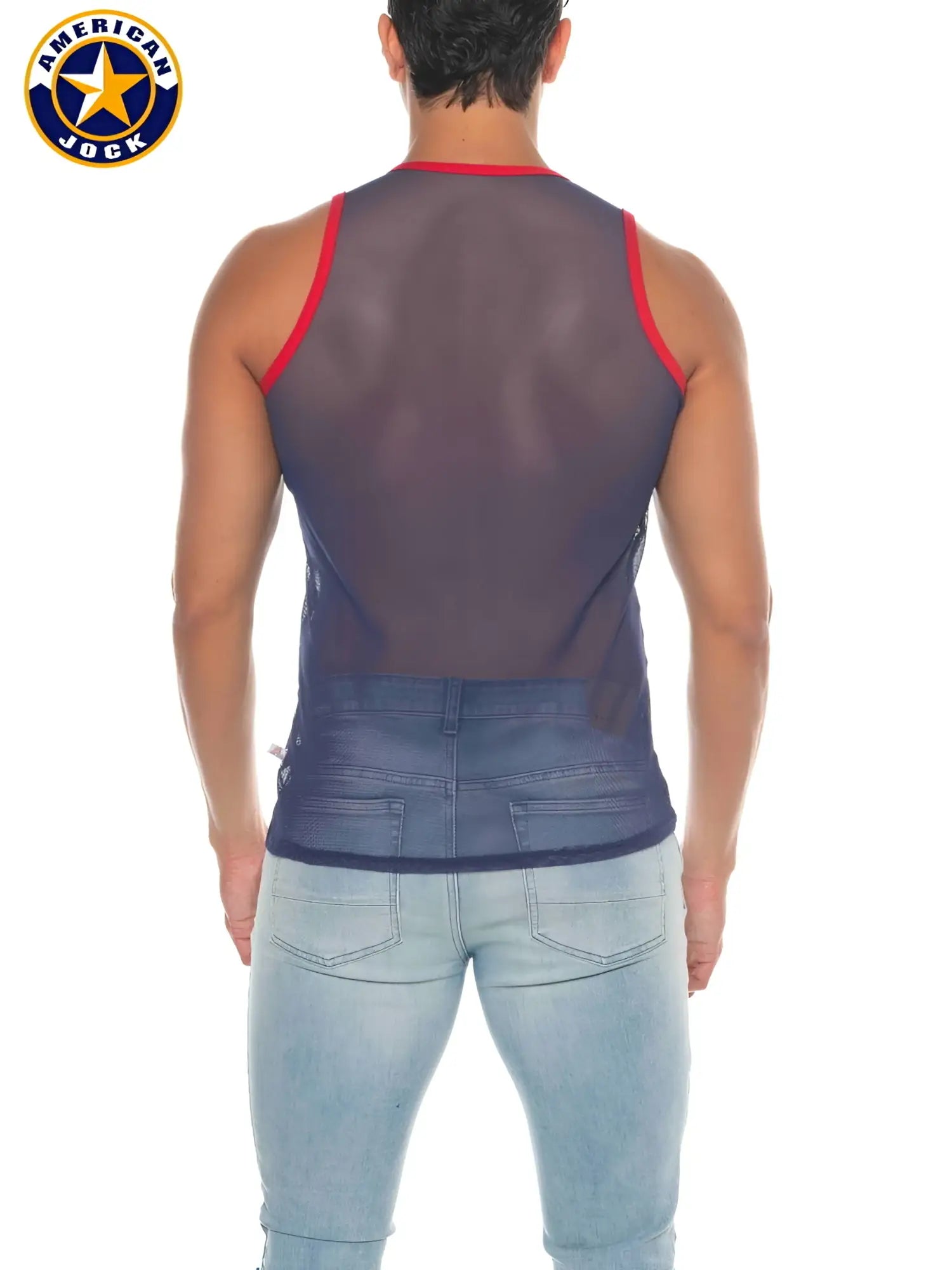 A j phys ed mesh tank top in dark blue with red trim and denim like waistband for athletic wear