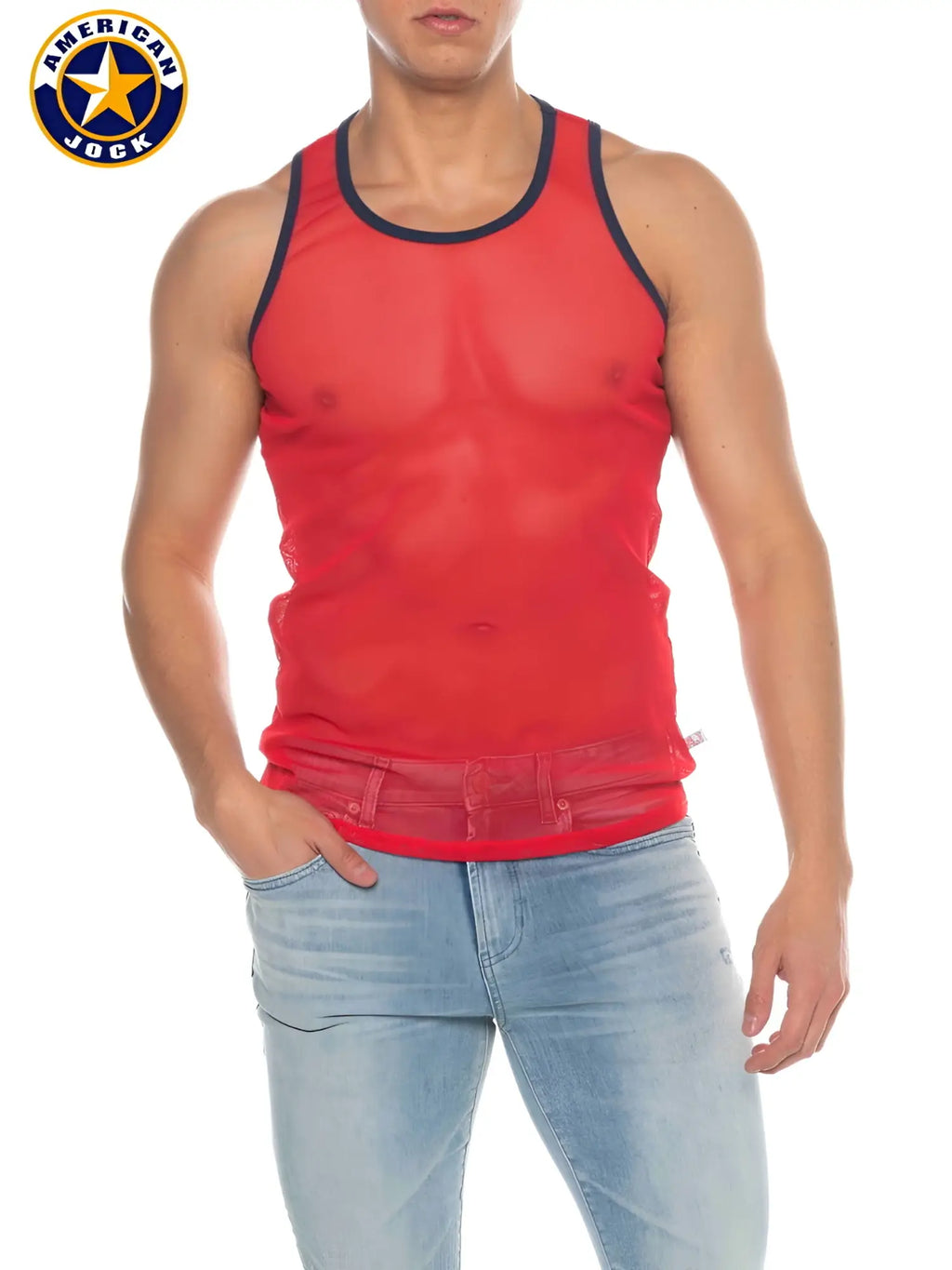 Red american jock mesh tank top with navy blue trim made of breathable material for physical education use