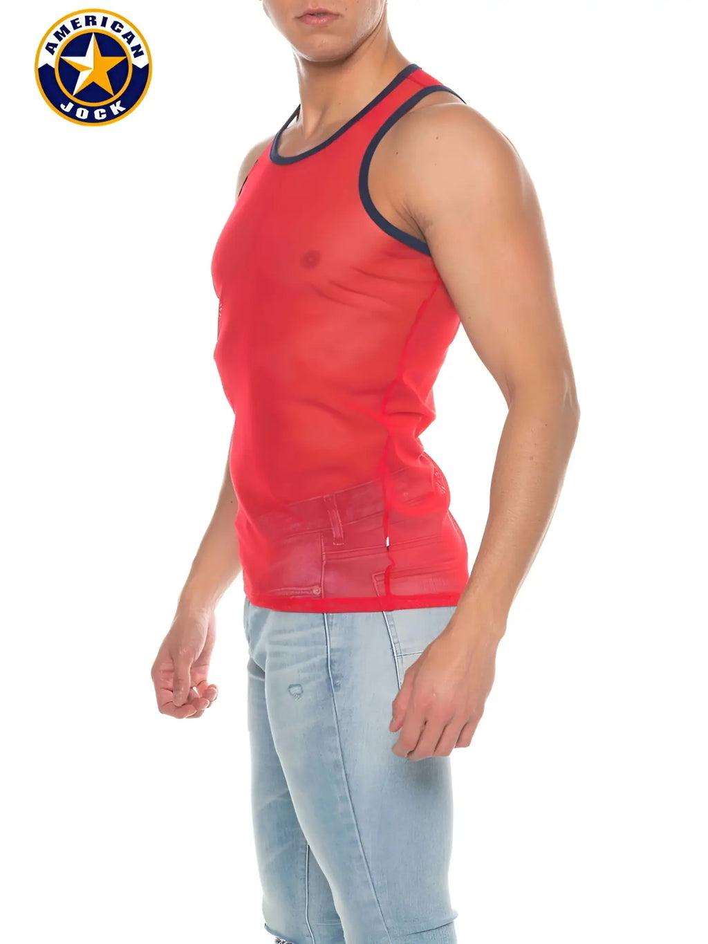 A j phys ed mesh tank top in red with black trim featuring breathable mesh fabric for athletic use