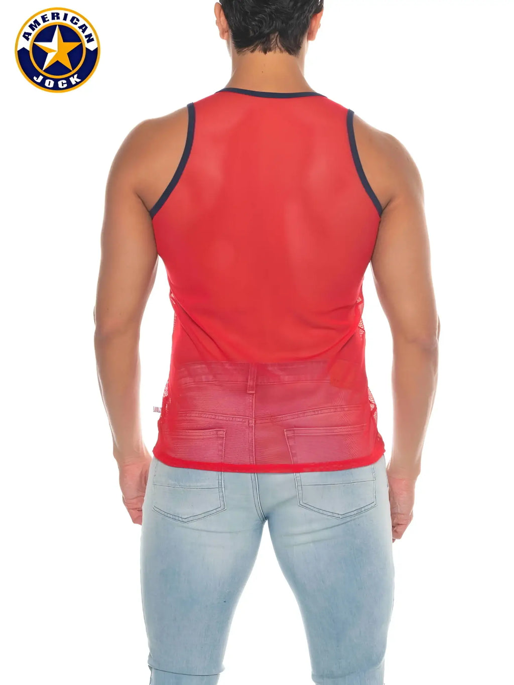 A j phys ed mesh tank top in red with black trim and denim-style pocket detail by American Jock