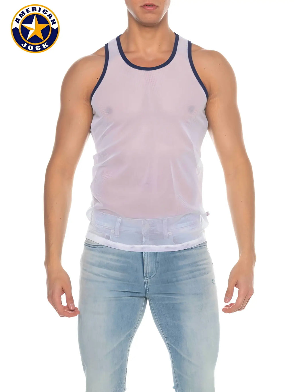 White mesh tank top with navy blue trim and subtle textured pattern by a j phys ed for active wear