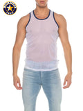 White mesh tank top with navy blue trim and subtle textured pattern by a j phys ed for active wear