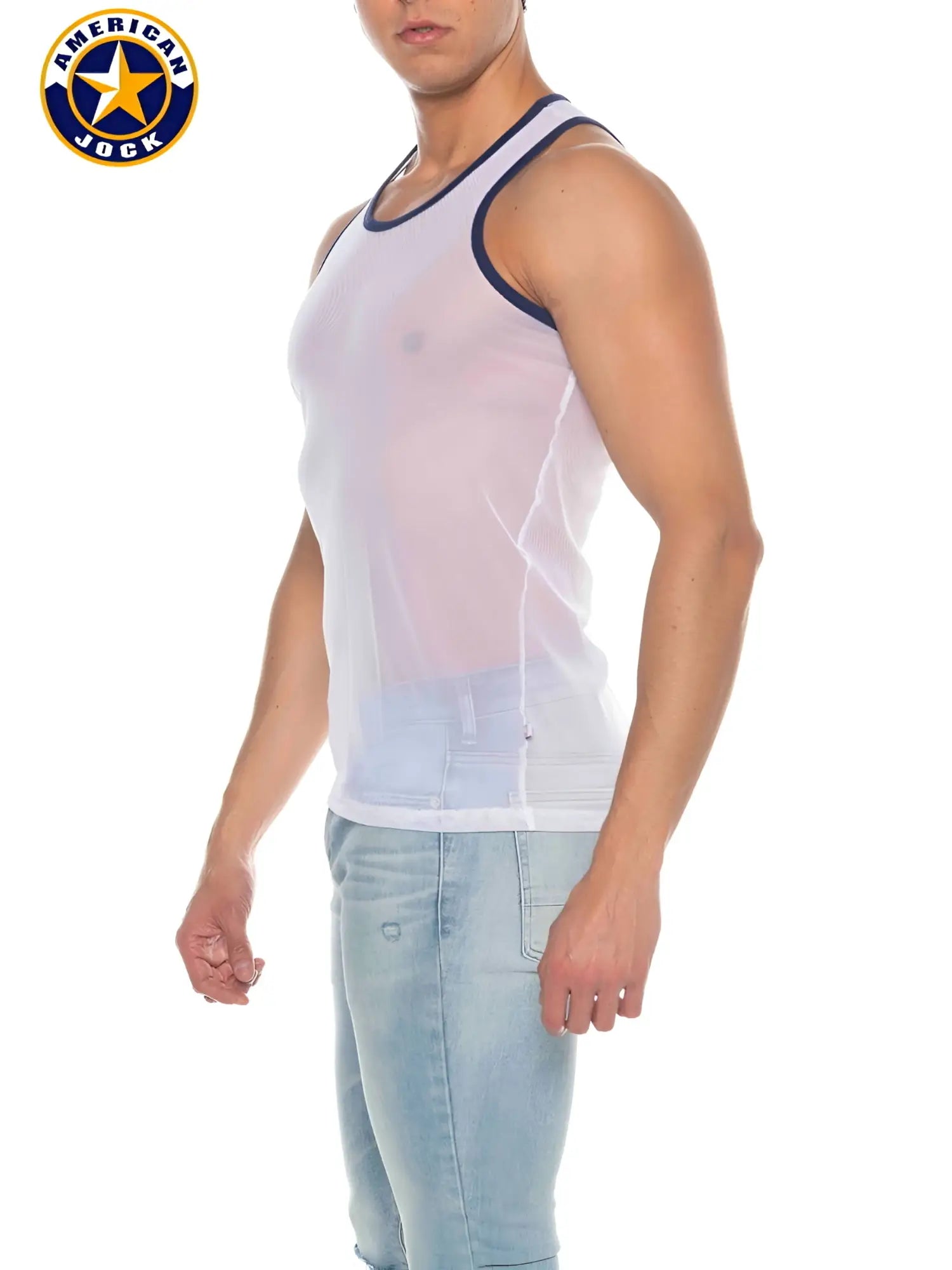White mesh tank top with navy blue trim featuring classic american jock design by a j phys ed