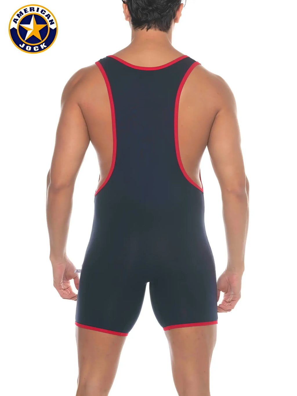A black american jock wrestling singlet with red trim on armholes waistband and leg openings for athletic use