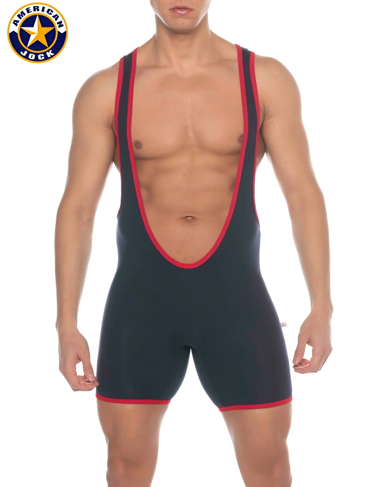 A navy blue and red a j phys ed super scoop singlet with elasticized waistband and leg openings for wrestling