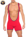 Red american jock wrestling singlet with navy blue trim from a j phys ed super scoop singlet collection