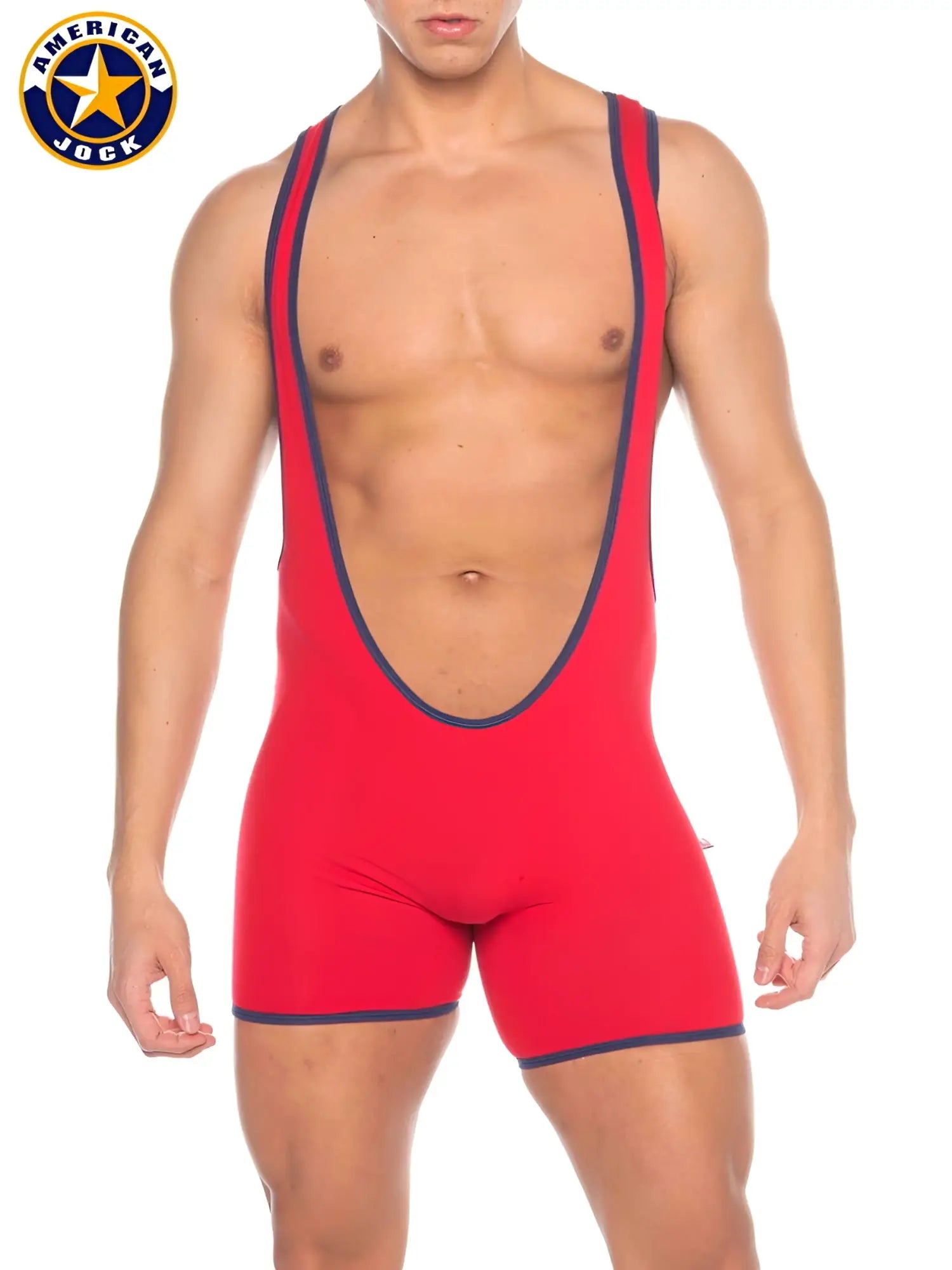 Red american jock wrestling singlet with navy blue trim from a j phys ed super scoop singlet collection