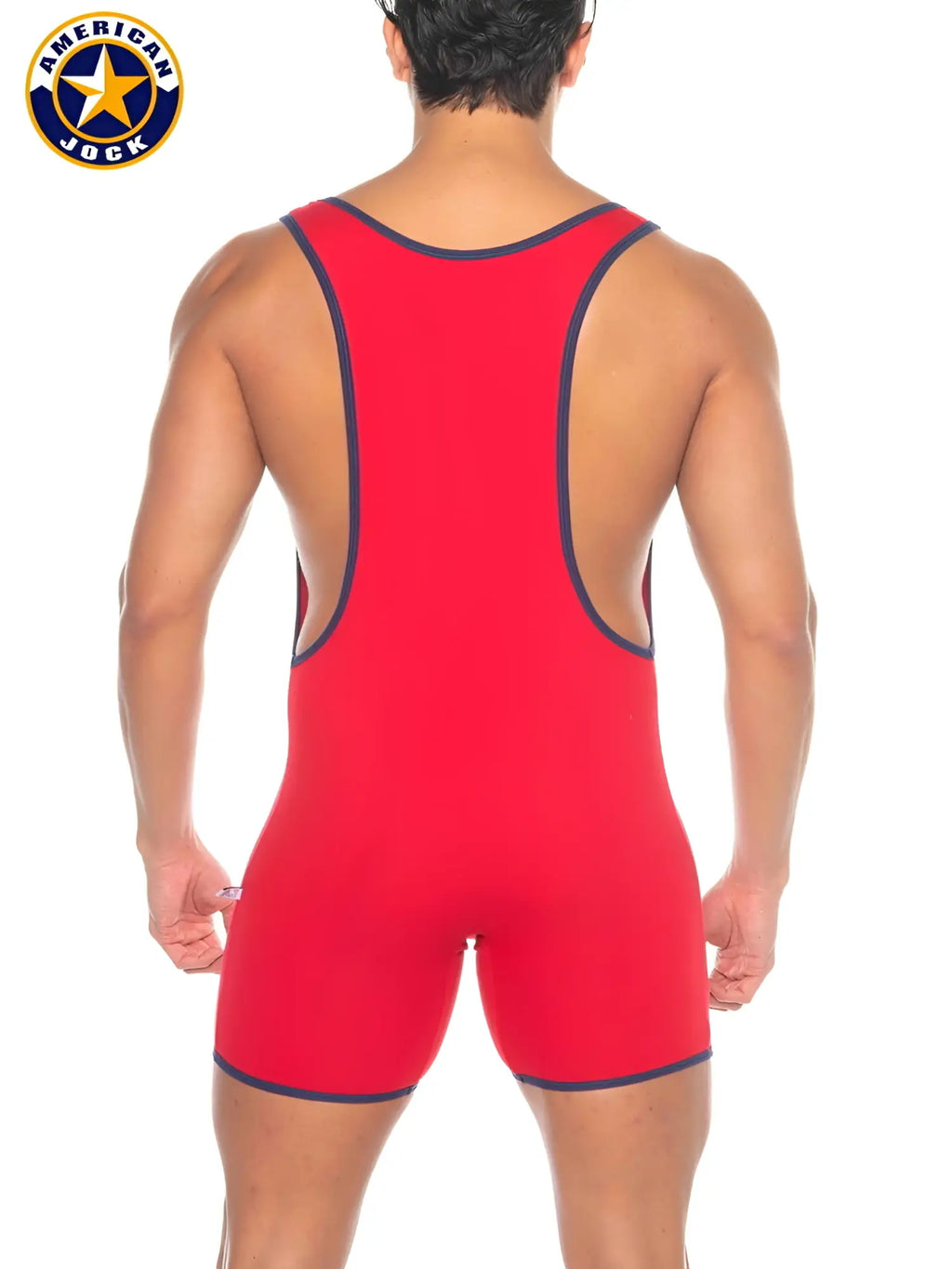 Red american jock wrestling singlet with navy blue trim in a j a phys ed super scoop singlet design
