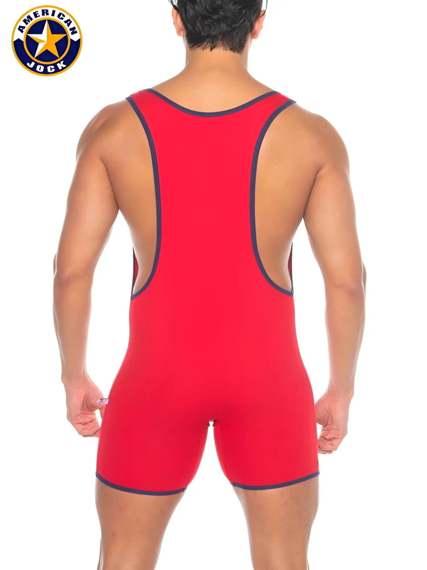 Red american jock wrestling singlet with navy blue trim in a j a phys ed super scoop singlet design