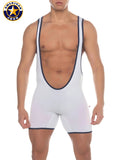 White american jock wrestling singlet with navy blue trim in a j a phys ed super scoop singlet design
