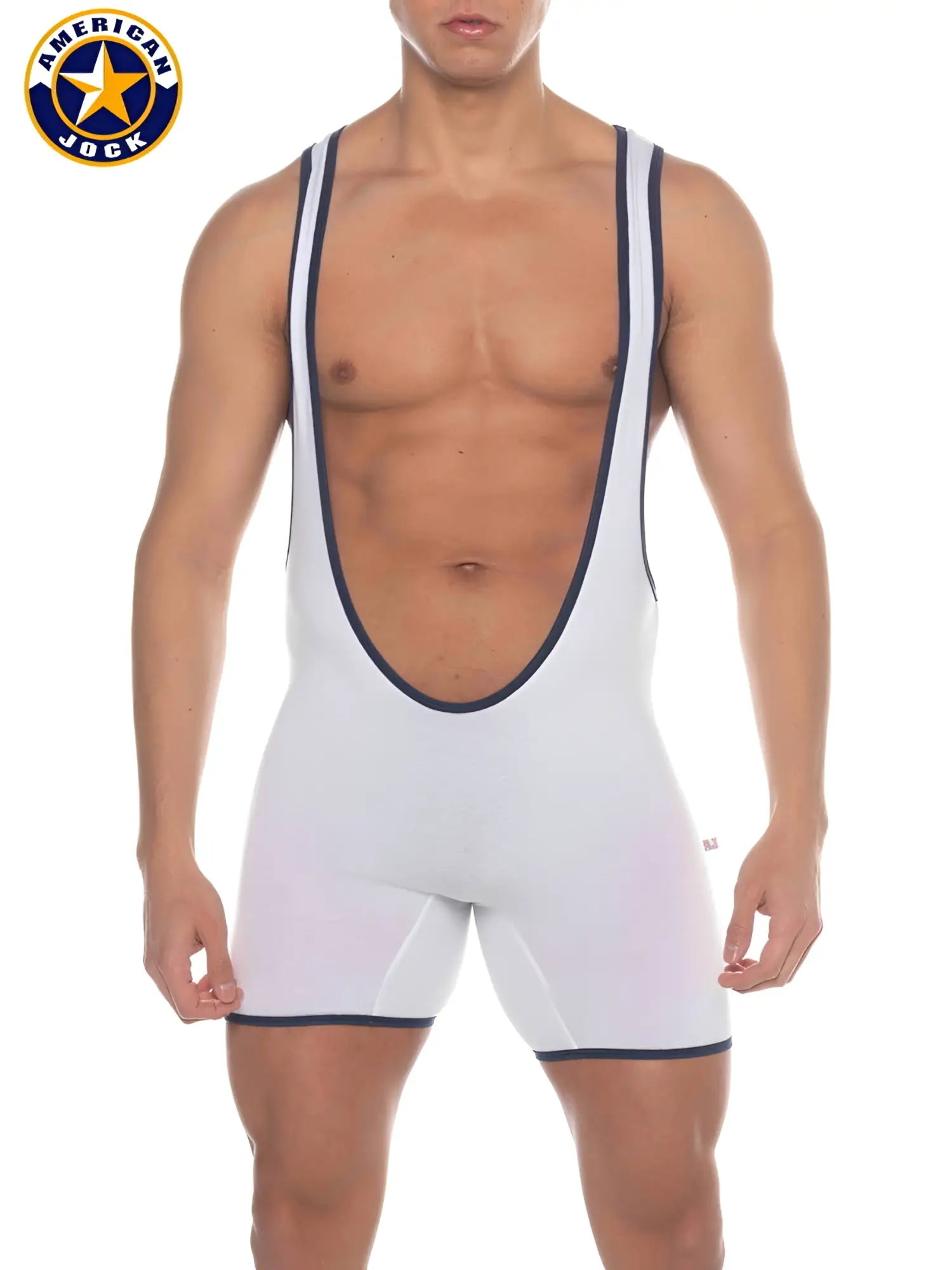 White american jock wrestling singlet with navy blue trim in a j a phys ed super scoop singlet design