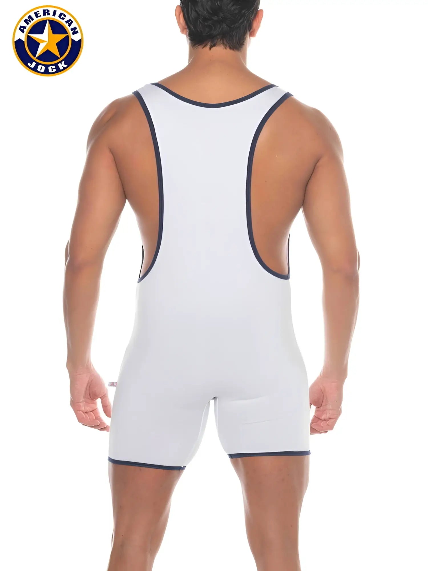 A white american jock wrestling singlet with navy blue trim from a j phys ed super scoop singlet collection