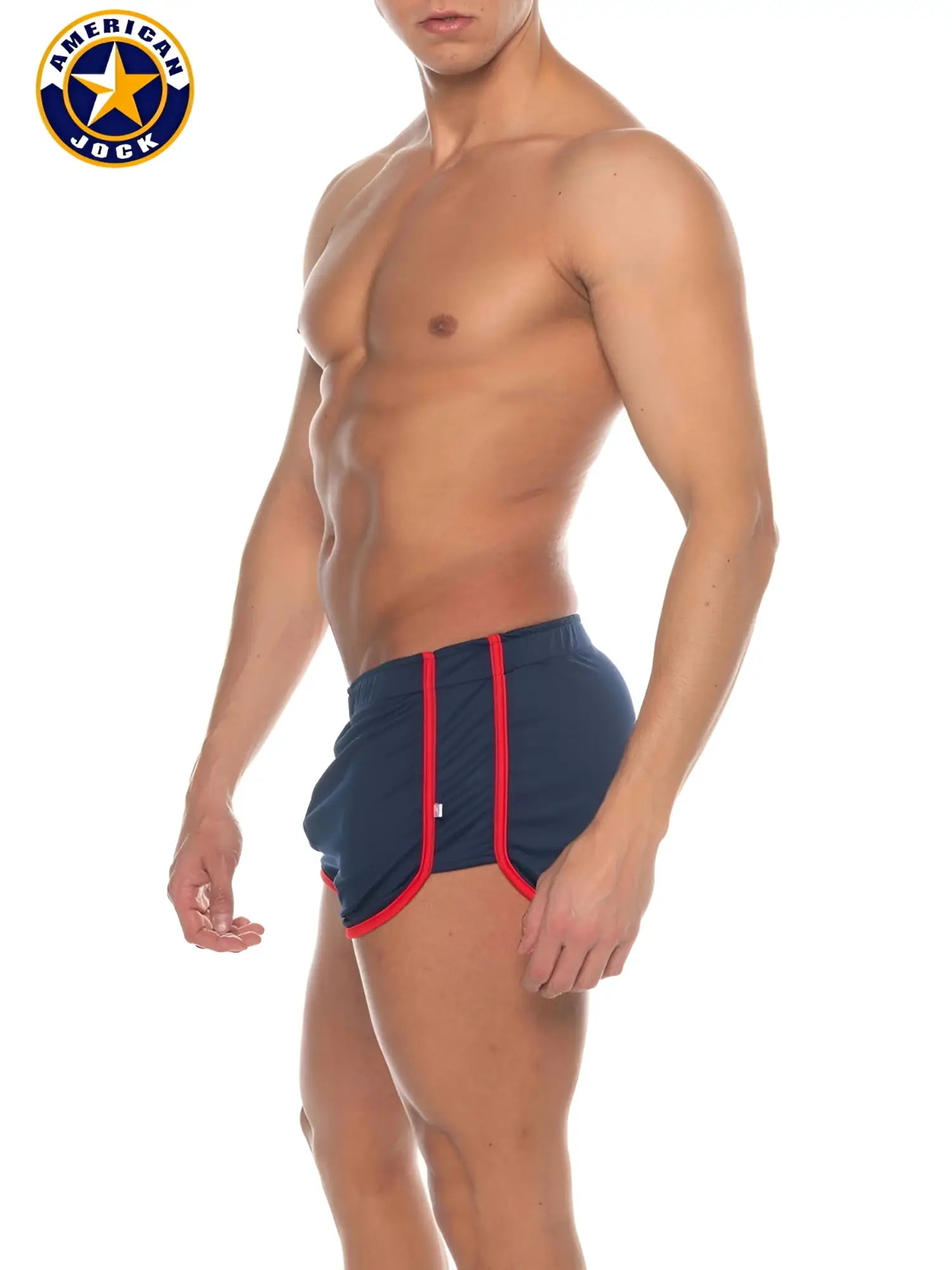 Navy blue A J Phys Ed track short athletic shorts with red trim and side panels designed for active wear