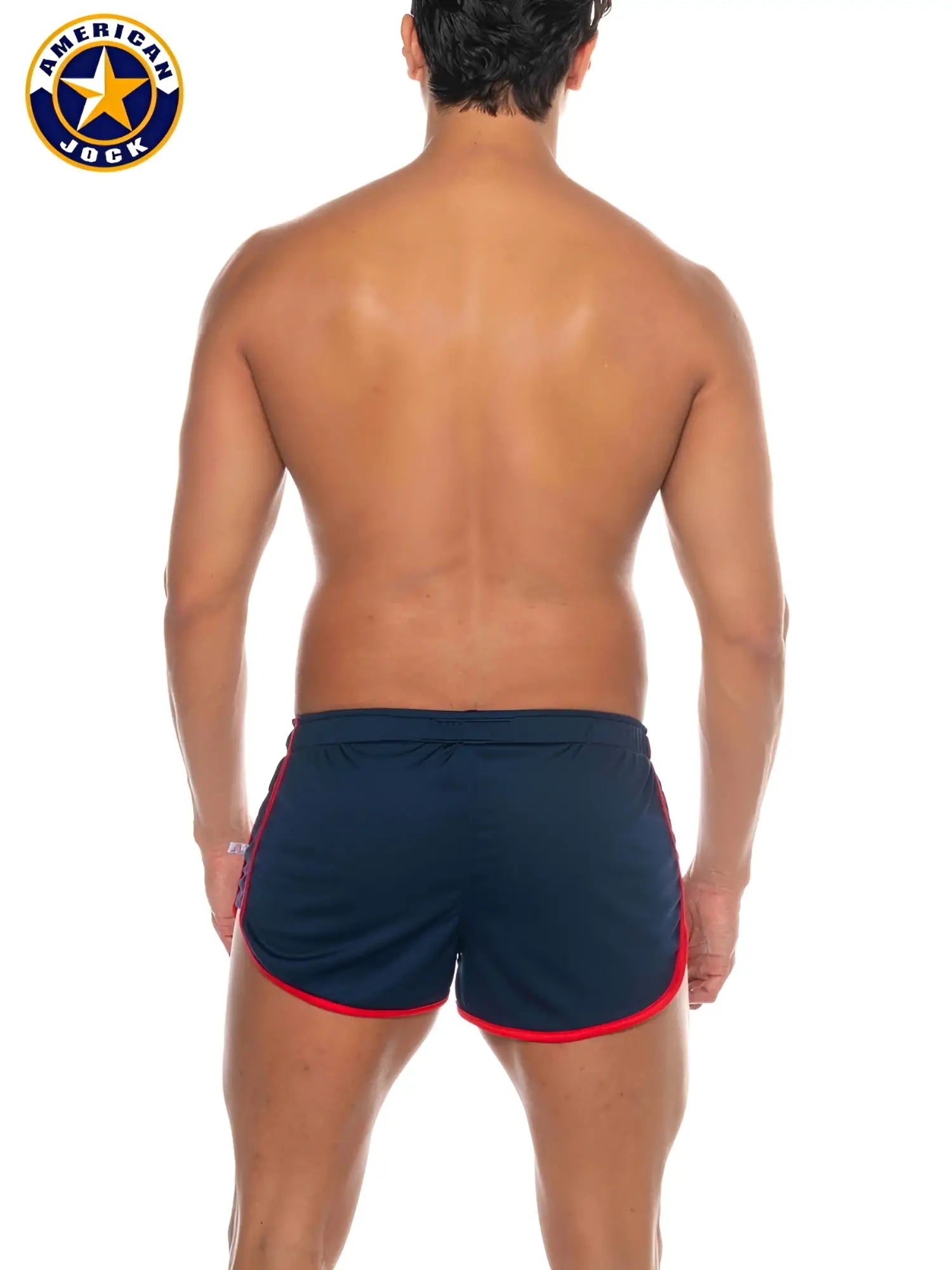 Navy blue a j phys ed track short with red trim and elastic waistband featuring american jock logo on left thigh