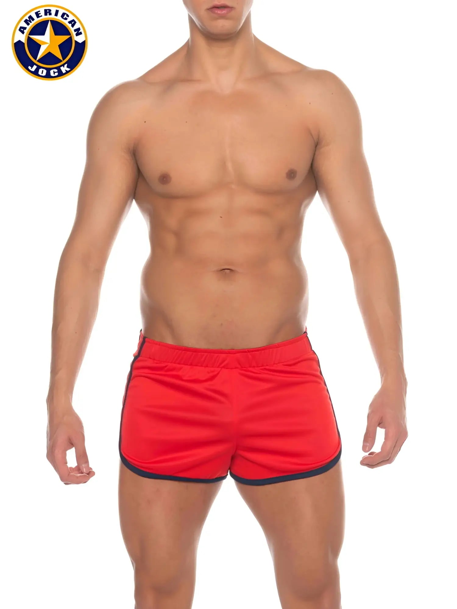 A j phys ed track short in red with navy blue trim featuring american jock athletic design